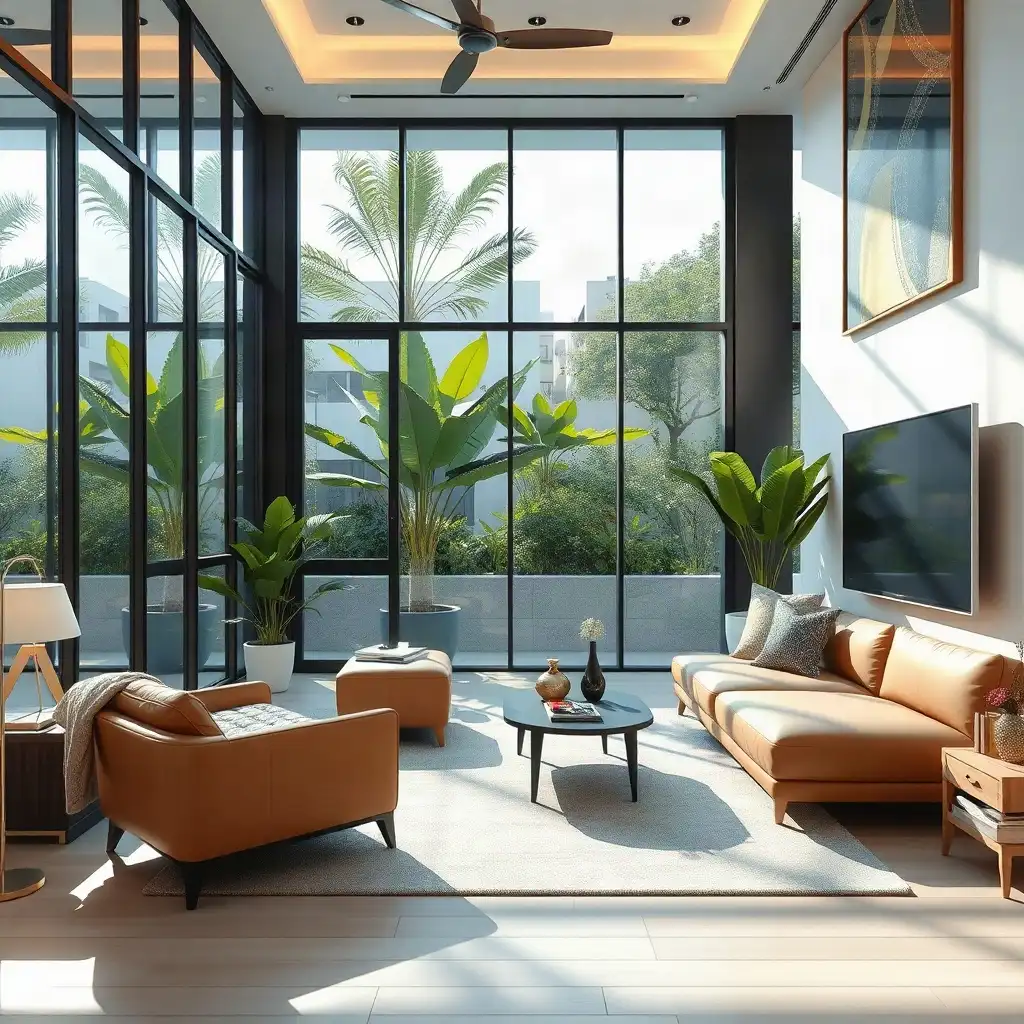 Modern living space in Mont Kiara featuring stylish furnishings, integrated AC vents, and natural light with greenery accents.