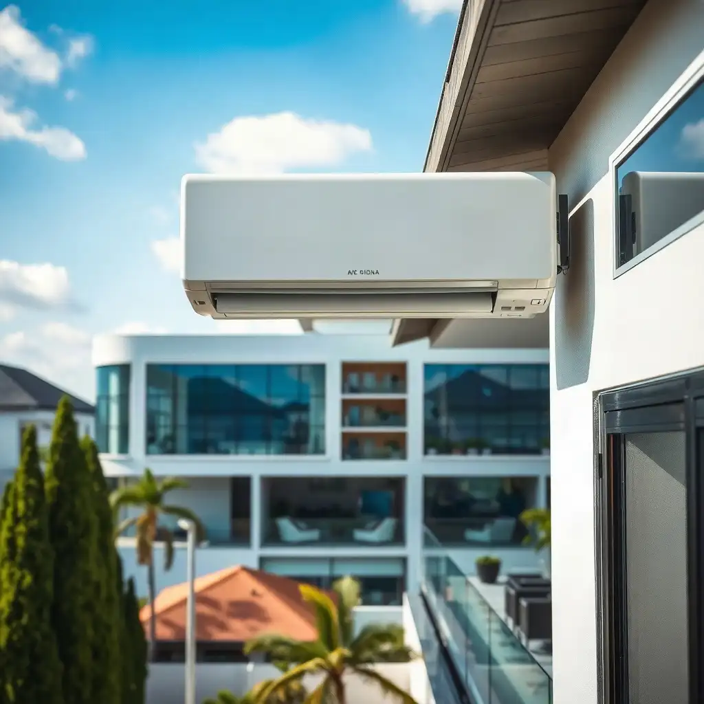 Modern air conditioning unit in a contemporary home, surrounded by lush greenery and sleek architecture, highlighting energy efficiency and innovation.