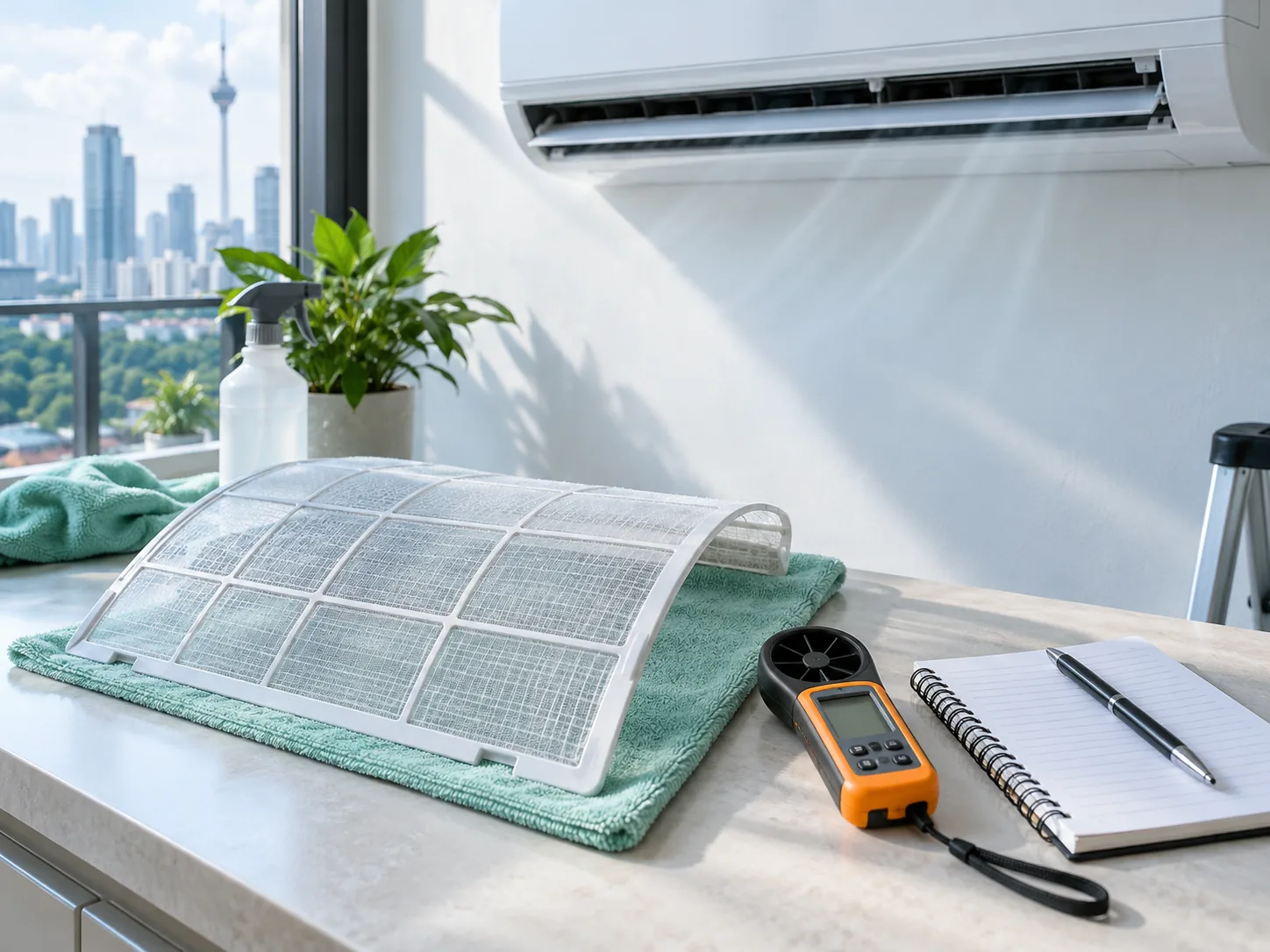 cleaned air conditioner filter drying on a towel with measuring tools and notepad next to an air conditioner