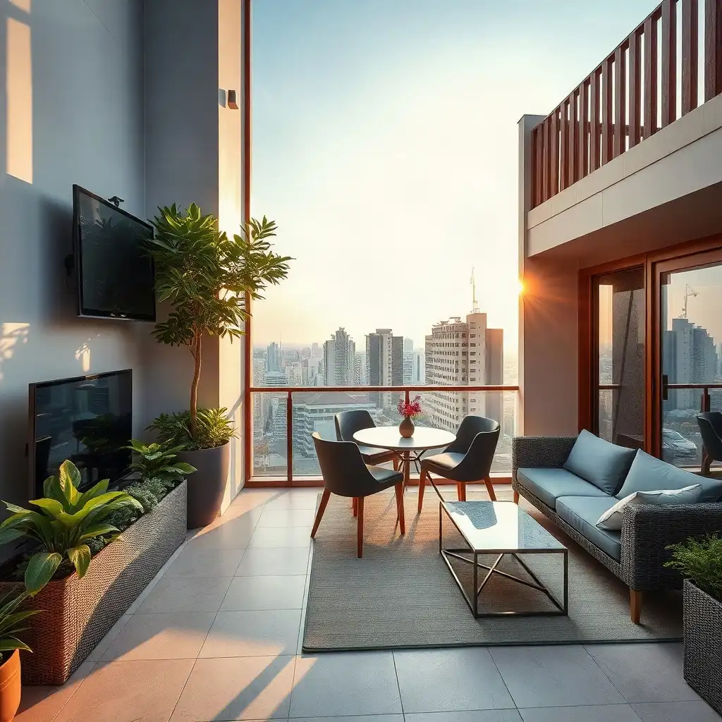 Vibrant urban balcony with panoramic city views, featuring stylish outdoor furniture, greenery, and a lively street scene below.