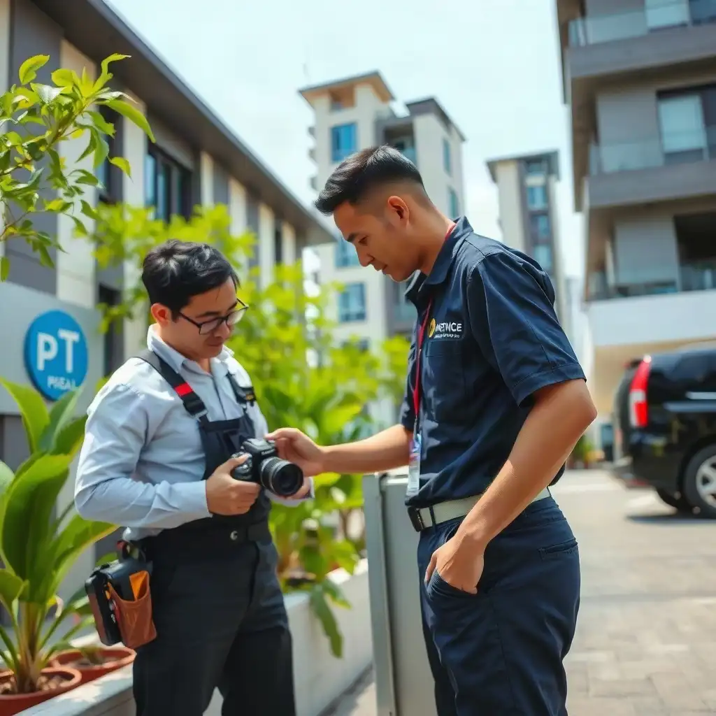 An HVAC technician assessing a compressor unit outside a modern urban building, surrounded by greenery and local architecture.