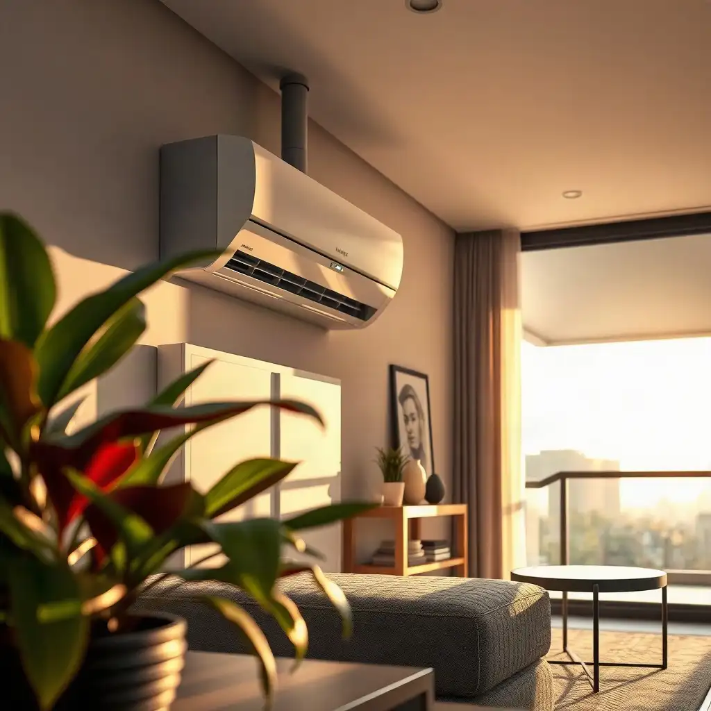 Modern air conditioning unit in a contemporary home setting, surrounded by tropical plants and sleek architectural elements.