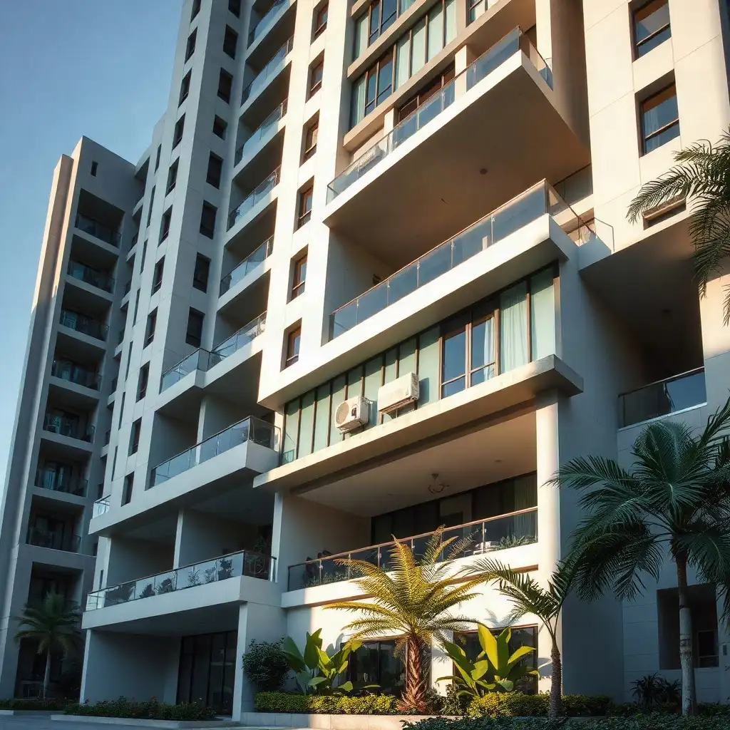 Modern high-end condominium in Mont Kiara, featuring sleek architectural design, energy-efficient AC units, and lush tropical landscaping.