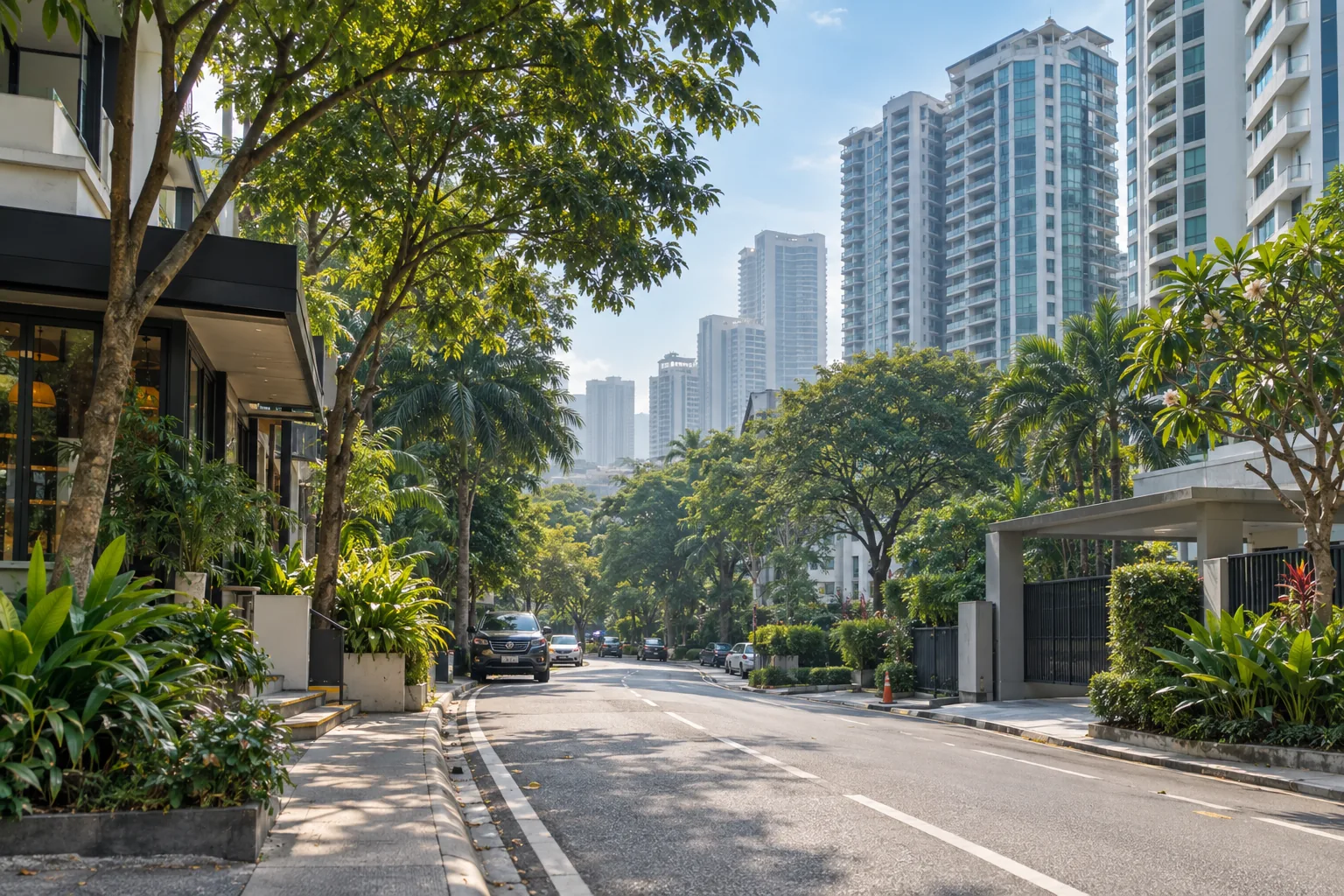 empty street with trees and tall apartment buildings in Mont Kiara on a clear day