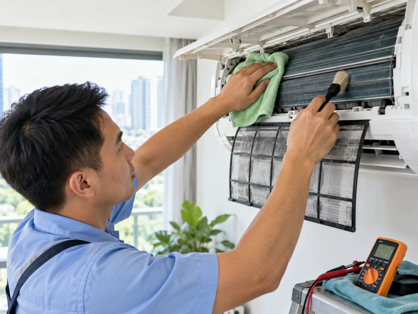 technician cleaning indoor air conditioning unit with cloth and brush