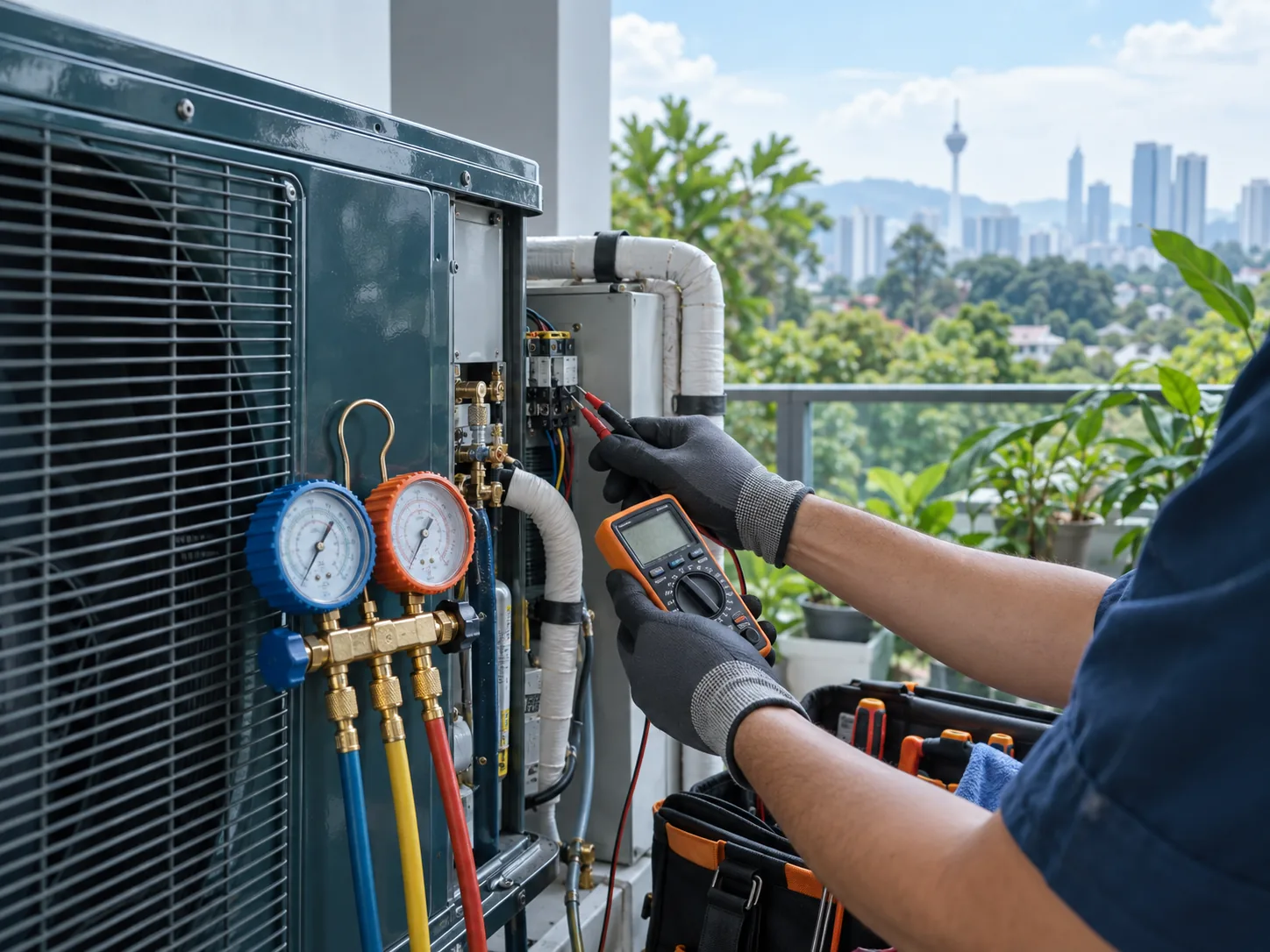 Technician testing air conditioning unit with multimeter and pressure gauges on balcony in Mont Kiara