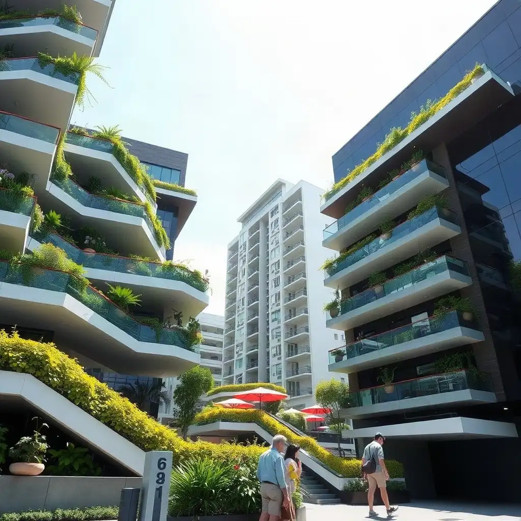 Modern eco-friendly refrigeration system installation in an urban setting, featuring sleek buildings surrounded by greenery, highlighting sustainable technology and innovation.
